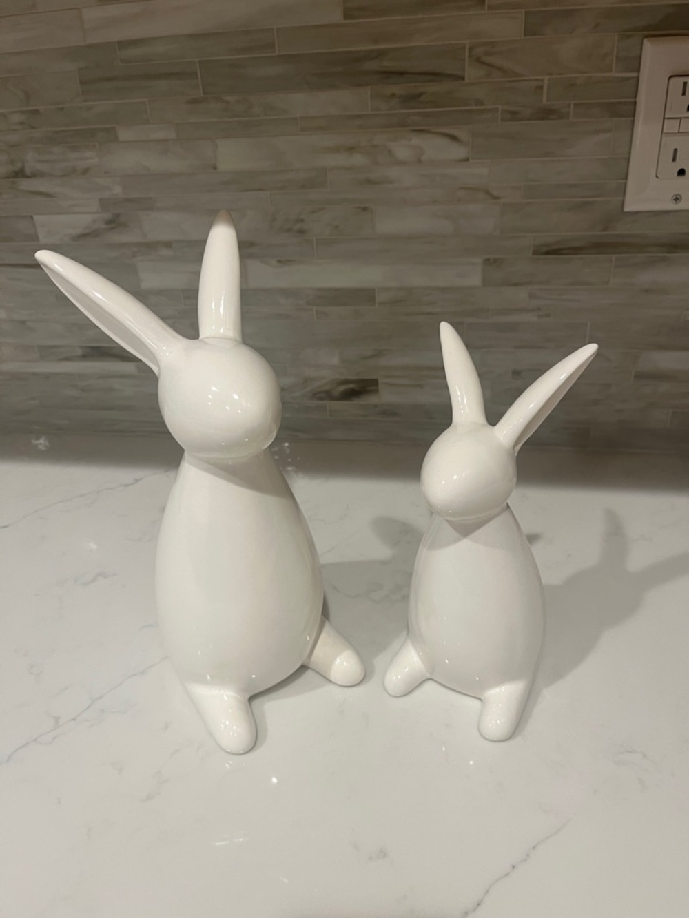 Glossy White Ceramic Bunny Figurine Set - Pair